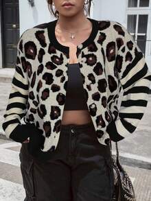 SHEIN EZwear Cardigan lavorato a maglia con spalle cadenti, maniche lunghe, in taglie comode, con motivo leopardato e a righe, adatto per l'autunno/inverno - nero - Visualizzare 7