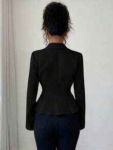 Elenzga Áo sơ mi vải lanh xanh denim mới mùa xuân và mùa thu có cổ ve, nút kim loại, thiết kế đi làm thường ngày, thắt eo, áo cánh dài tay ôm vừa vặn dành cho nữ - màu đen - Xem 2