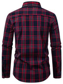 Manfinity Homme 男士格子印花纽扣前开襟休闲长袖衬衫，秋季，圣诞节 - 紅色 - 查看 2