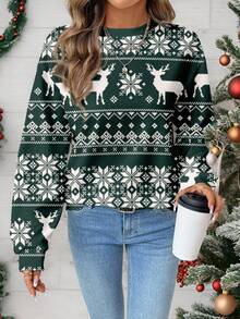 SHEIN LUNE Pull ample à col rond imprimé renne de Noël minimaliste et décontracté pour femme - Multicolore - Voir 1