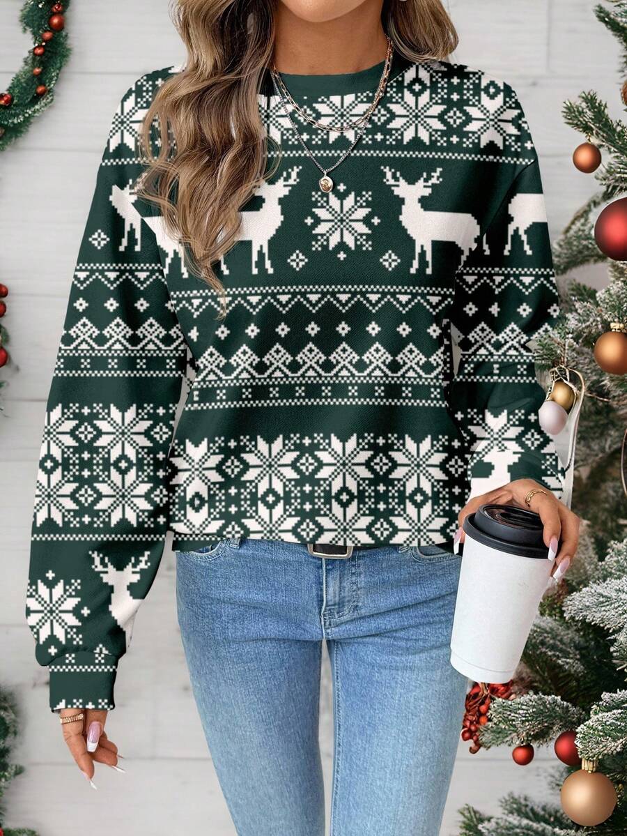 SHEIN LUNE Pull ample à col rond imprimé renne de Noël minimaliste et décontracté pour femme - Multicolore - Voir 1