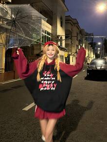 DAZY Sudadera con capucha de manga raglán para mujer, estilo coreano - Rojo - Ver 7