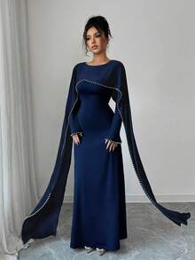 Elenzga 2025秋冬新款女士优雅长裙，饰以精致珍珠。 - 藏蓝色 - 查看 4