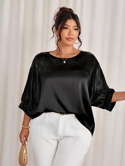 Cravure 大码圆领七分袖金属面料拼接撞色插肩袖休闲套头衫，适合外出、度假、通勤、派对等场合。