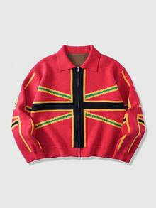 ROMWE MEN Prep Men's Contrast Color Print Long Sleeve Cardigan, For Winter - Red - View 1