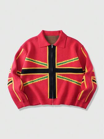 Street Life كارديجان رجالي بطباعة ألوان متباينة وأكمام طويلة