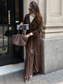 Aloruh 女士秋冬新款棕色绒面长款防风外套，双排扣立领配腰带，宽松袖口大衣 - 棕色 - 查看 7