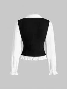 ROMWE Grunge Punk Ruffled Hem 2 In 1 Women Shirt - Black and White - View 2