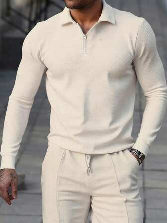 Manfinity Mode Tricou polo casual pentru bărbați, cu mânecă lungă și fermoar, culoare solidă