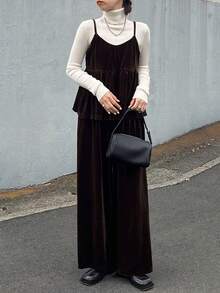 FRIFUL Women's Solid Color Velvet Brown Top With Camisole, Elastic Waist Straight Leg Pants, Casual Versatile 2 Pieces Set, Autumn/Winter - Coffee Brown - View 4