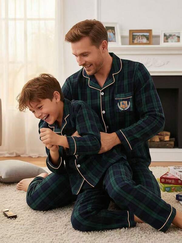 SHEIN 2pcs/Set Vintage Plaid Cardigan & Pants Casual Comfortable Homewear For Teenage Boys Boys Lounge Set