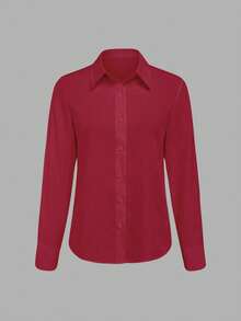 EMERY ROSE Women's Solid Color Long Sleeve Single-Breasted Casual/Work Shirt - Burgundy - View 3