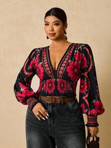 Travachic 大码女式波西米亚花卉印花黑色长袖系带衬衫，节日装 - 黑色 - 查看 5