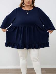 SHEIN CURVE+ Kemeja Pullover Ukuran Besar Warna Polos dengan Hem Berkerut, Cocok untuk Acara Santai, Pakaian Musim Gugur untuk Wanita, Musim Dingin, CURVE PLUS - Navy Blue - View 8
