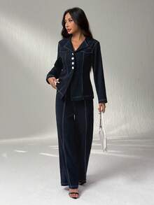 SHEIN PETITE 2 件套：女士秋装秋季休闲翻领纽扣前长袖衬衫和休闲长裤，教师装，适合日常穿着女士裤子套装两件套裤子女士 - 藏蓝色 - 查看 6