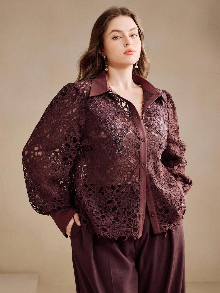Elegant Plus Size Brown Woven Fabric Shirt With Collar Extra Long Puff Sleeves And Embroidery Detail