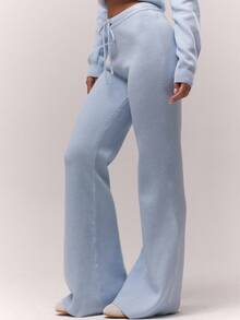 MUSERA Knitted Drawstring Waist Flare Leg Relaxed Trousers Bottoms Only Fall Autumn Old Money Cute Country Cottage Core Back To School Casual Lounge Pants For Women Butterscotch  Work Office Winter  Chic Spring - Blue - View 3