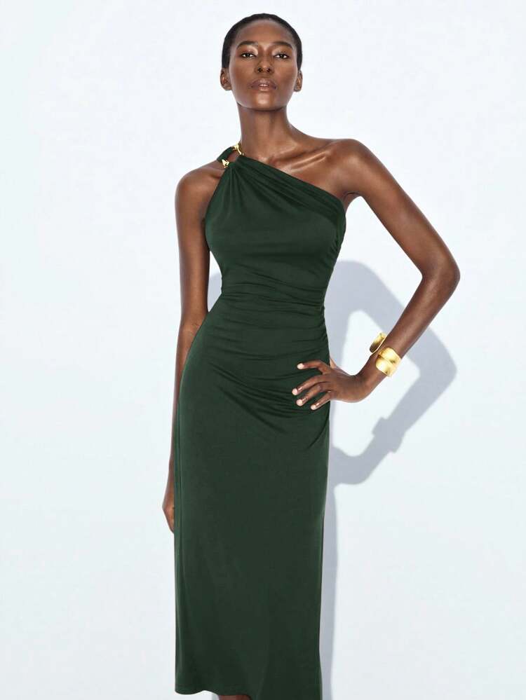 Maija Women's Dark Green Summer Seksi Chic Night Out Oblique Shoulder Pleated Fitted Mid-Length Dress,Elegant Vintage Style Business Casual Christmas Dress - Dark Green - View 5