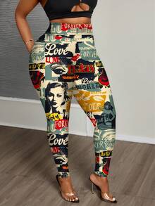 Slaydiva Plus Size Vintage Poster Print Leggings, Suitable For Autumn/Winter - Multicolor - View 6