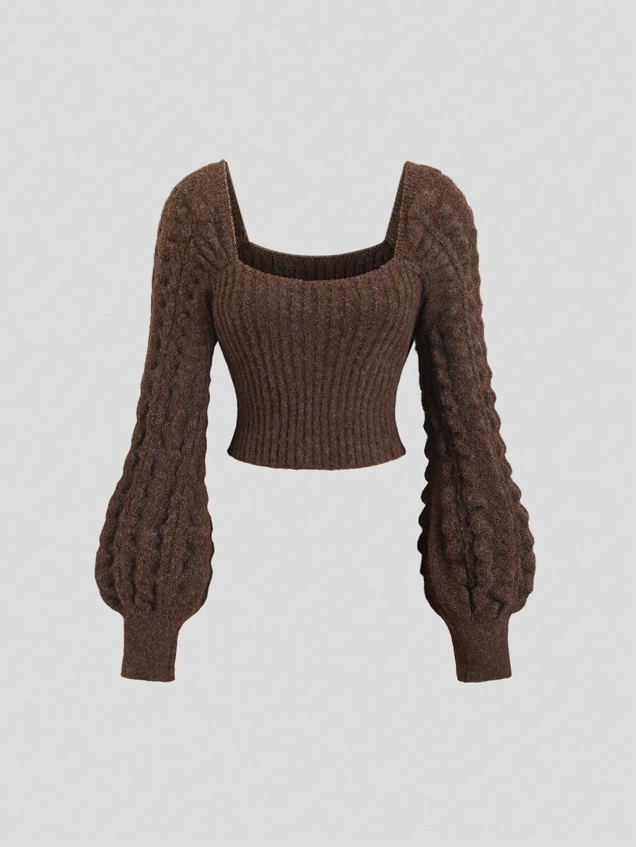 SHEIN Unity New Autumn/Winter Merino Wool Turtleneck Sexy Slim Lantern Sleeve Pullover Sweater For Women, Versatile For Commuting & Casual Wear - Coffee Brown - View 1