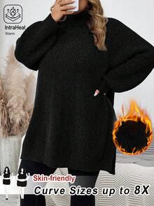SHEIN CURVE+ 大码女式高领长袖宽松休闲套头毛衣，秋冬款 - 黑色 - 查看 1
