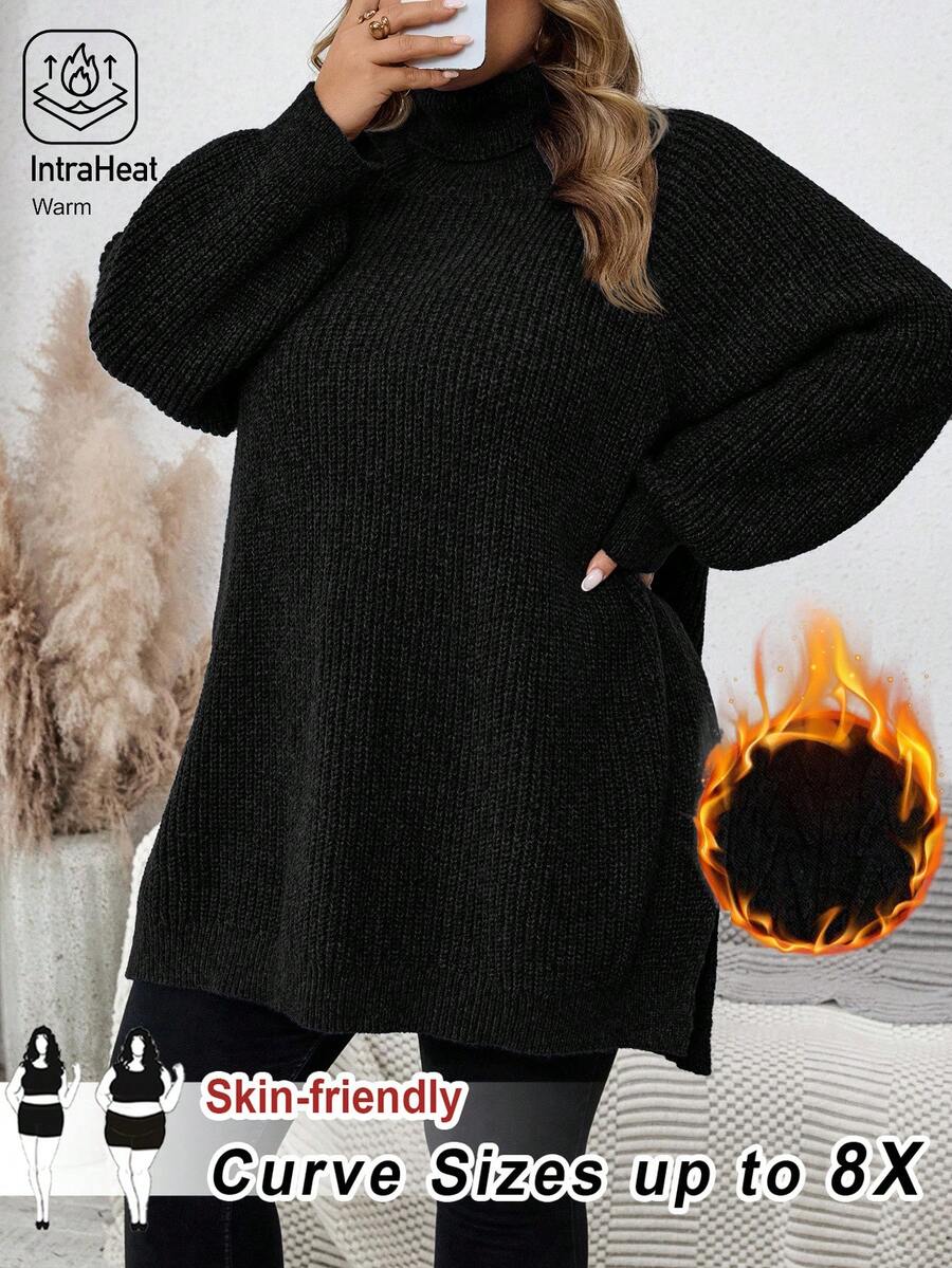 SHEIN CURVE+ 大码女式高领长袖宽松休闲套头毛衣,秋冬款 - 黑色 - 查看 1