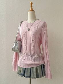 SHEIN Unity 宽松麻花针织套头衫，韩版风，休闲舒适，适合2025初秋新品 - 粉色 - 查看 5