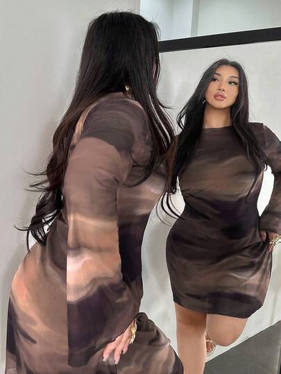 Firerie 大码女式扎染渐变印花露背喇叭袖迷你网眼透视性感喇叭袖连衣裙，度假连衣裙，性感/度假/海滩/浪漫/音乐节/休闲