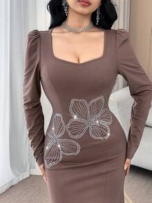 Feyla Elegant Floral Rhinestone Embellished Sweetheart Neck Puff Sleeve Fishtail Hem Dress For Women - Khaki - View 3