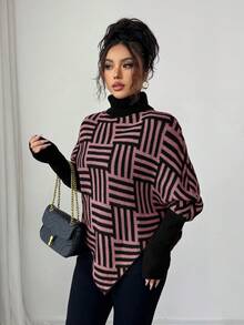 Selianne Women's Elegant High Neck Geometric Textured Poncho Sweater, Colorblock, Suitable For Home & Travel, Spring/Autumn - Pink - View 5