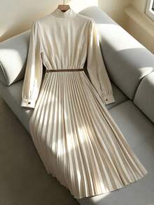 GlowEve Váy dài tay ôm cổ màu mơ thanh lịch dành cho nữ, có thắt lưng nơ và thiết kế xếp ly - Màu be - Xem 2