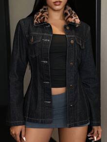 Jeanoix Slim Fit Pocket Design Women's Leopard Print Fur Collar Single-Breasted Denim Jacket - Dark Wash - View 3