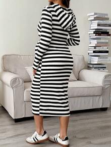 SHEIN Maternity Casual Striped Hooded Nursing Dress, Autumn Elegant  Pregnant Dress Long Sleeve Maternity Dress Striped Maternity Dress Pregnant Clothes Matching Women Sets Striped Two Piece Set Maternity 2 Piece Set 2 Piece Sets For Women - Black and White - View 5