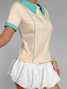Gameset SHEIN Sport 女式休闲拼色网球运动 Polo 衫 - 杏色 - 查看 5