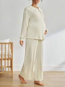 Moonlight&Mama BloomMama 2pcs Apricot Shirred Collar Front Nursing Pajama Set, Comfortable Minimalist Maternity Loungewear, Winter - Apricot - View 4