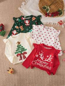 SHEIN 4pcs Merry Christmas Tree Pattern Baby Girls Fashion Tops, Colorful Print, Autumn/Winter - Multicolor - View 7