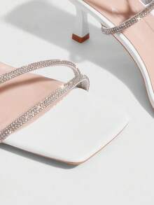 CUCCOO SZL Women's Fashion White Material Rhinestone Strap Wrap Ankle Strap Square Toe Stiletto Heel Sandals, Suitable For Commuting, Dating, Party, Holiday For Christmas - White - View 4
