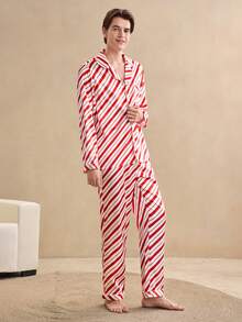 2 piezas Conjunto de pijama de satén estilo británico para hombres, ropa de invierno - Multicolor - Ver 4