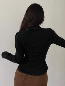 DAZY Women Single-Breasted Casual Denim Tight Top With Long Sleeves, Autumn,Jeans Jacket,Fall Women Clothes - Black - View 4