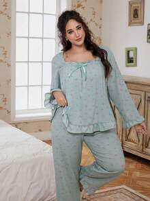 CottageSlumber 大码女式绿色玫瑰印花长袖荷叶边浪漫上衣和裤子睡衣套装家居服，适合女性穿着，秋冬服装 - 綠色 - 查看 3