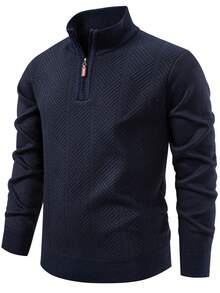 Manfinity Mode 男士保暖针织衫，保暖套头衫，秋冬季四分之一拉链藏蓝色毛衣，长袖上衣 - 藏蓝色 - 查看 3