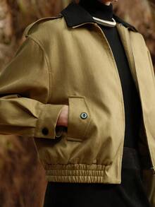 EMERY ROSE Women's Twill Fabric Drop Shoulder Lapel Contrast Color Double Layer Collar Removable Daily Commuter Jacket  Winter Clothes    Winter Jacket For Women - Khaki - View 7
