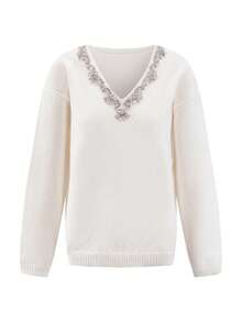 SHEIN Clasi Women's V-Neck Sequin Trim Pullover Sweater, Autumn/Winter - Beige - View 8