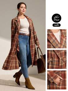 Momelise Plus Size Women Plaid Waist Strap Cinched Waist Pocket Casual Jacket, Autumn/Winter