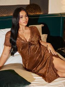 SilkySpell Plus Size Women Sexy Lace & Velvet Nightgown - Brown - View 6