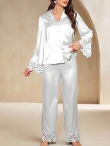 Anewsta 2 Stück Damen Spitzenbesatz Schlafanzug Set Braut Wäsche, gemütliche und elegante Details für Herbst und Winter Kleidung - Weiss - Übersicht 5