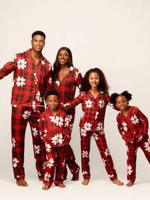 SUMWON 女童红色格子舒适贴身睡衣套装，白色芙蓉花印花长袖纽扣上衣和配套长裤，适合假日家庭睡衣、兄弟姐妹亲子装、儿童休闲度假睡衣 - 彩色 - 查看 1