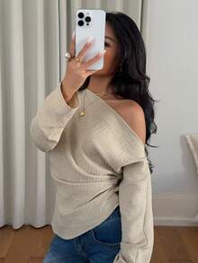 Siren Gaze 女式纯色褶饰不对称肩长袖衬衫 - 杏色 - 查看 3