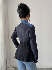 SHEIN Elenzya Cárdigan de punto con cuello de pana azul marino, diseño de remiendo, artesanía de cable, volante en el bajo y estilo vintage de un solo pecho para mujer - Azul Marino - Ver 2
