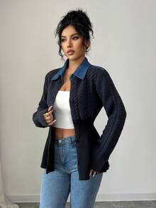 SHEIN Elenzya Cárdigan de punto con cuello de pana azul marino, diseño de remiendo, artesanía de cable, volante en el bajo y estilo vintage de un solo pecho para mujer - Azul Marino - Ver 3
